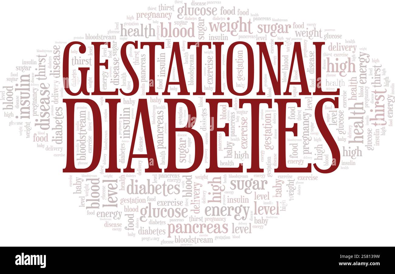 Progettazione concettuale cloud di parole per il diabete gestazionale isolata su sfondo bianco. Illustrazione Vettoriale