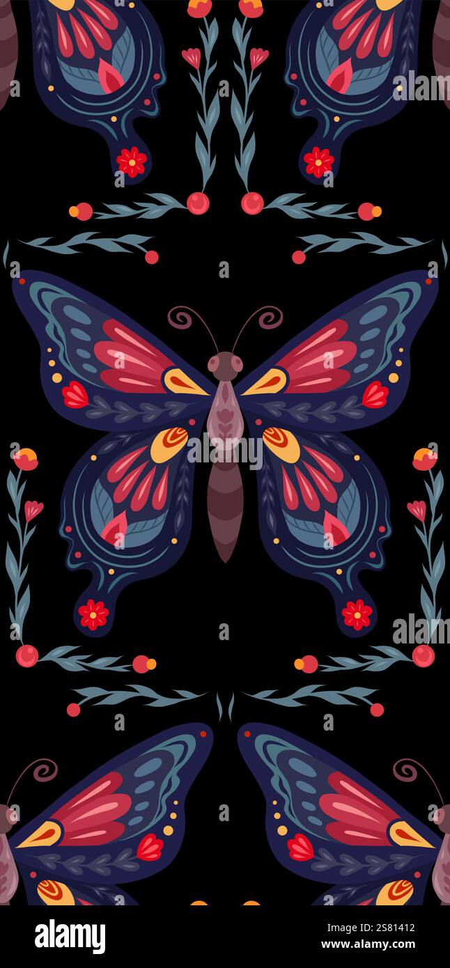 Disegno popolare vettoriale senza cuciture con farfalla di tracery su sfondo nero. Texture decorativa con insetto volante con ornamento floreale per carta da parati Illustrazione Vettoriale