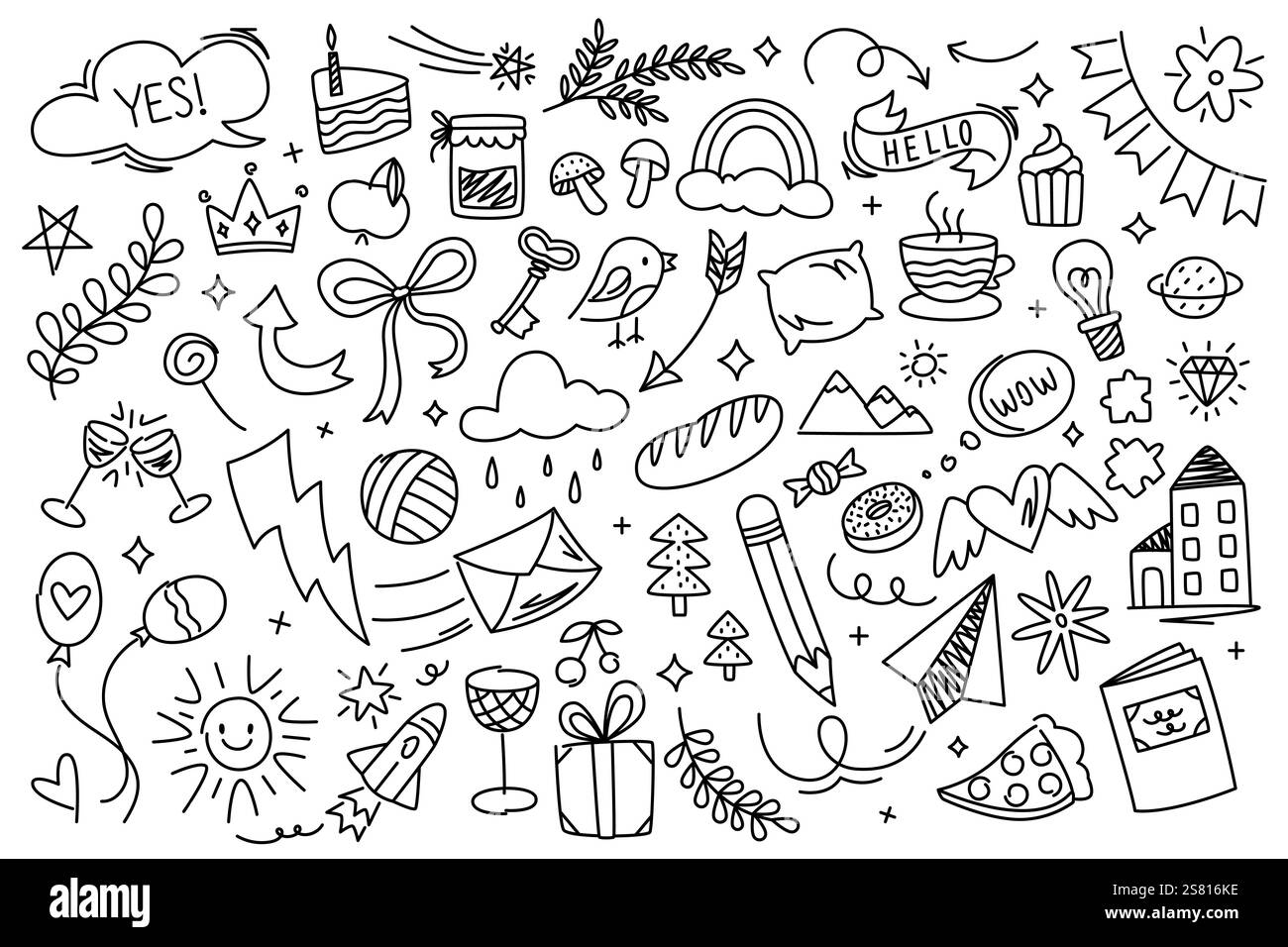 Carino ragazzino doodle. Elementi astratti infantili e personaggi divertenti, icone disegnate a mano da piccoli scarabocchi. Raccolta isolata di elementi vettoriali per bambini. Illustrazione Vettoriale