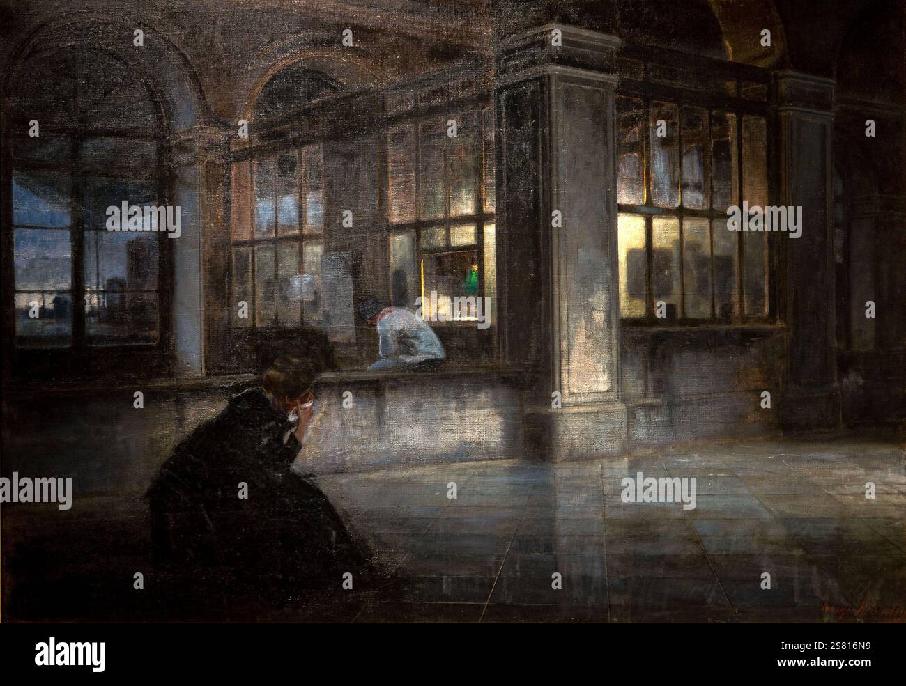 Luigi selvatico 1873-1938 'partenza mattutina - Vista interna di una stazione con figure" 1899, 118 x 168 cm olio su tela. Foto Stock
