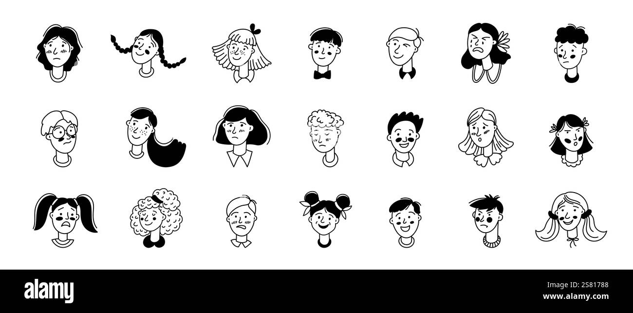 Doodle testa ai bambini. Avatar disegnati a mano da cartoni animati per ragazzi e ragazze con diverse emozioni e acconciature, disegnare facce con linee di schizzo. Set isolato vettoriale. Illustrazione Vettoriale