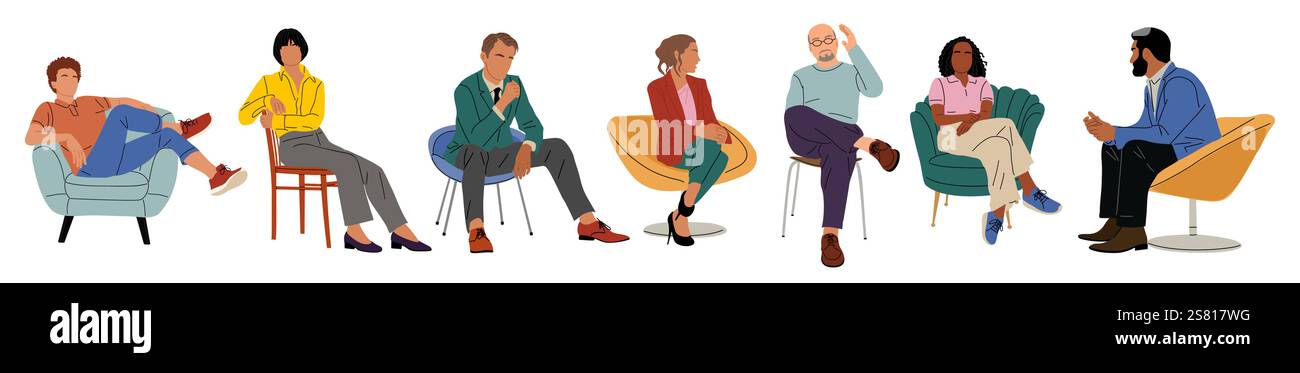Gruppi diversi di persone sedute su sedie. Illustrazione Vettoriale