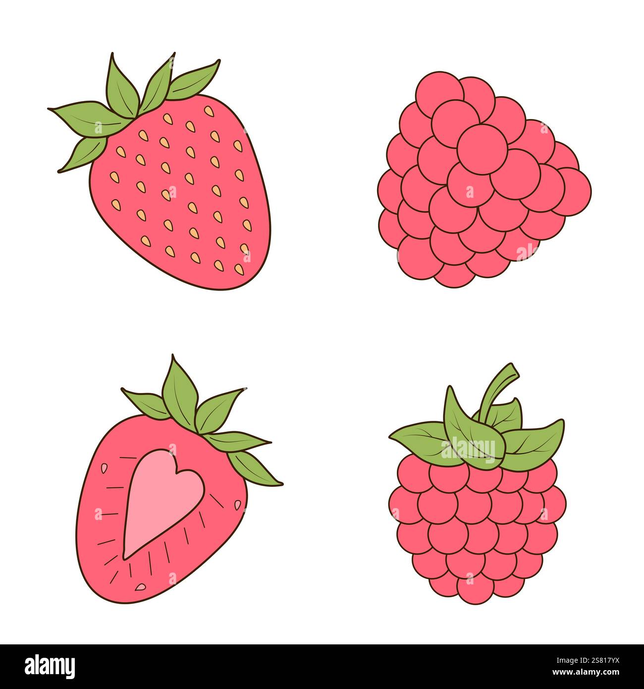 Set di fragole e lamponi freschi in stile cartoni animati. Illustrazione vettoriale in stile cartone animato piatto. Adatto per il design di imballaggi, tessuti Illustrazione Vettoriale