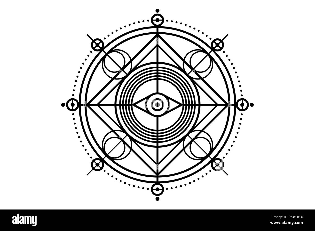 Tutti vedono l'occhio sulla geometria sacra, il logo geometrico mistico del terzo occhio. Emblema occulto della Provvidenza, protezione, fortuna, magia. Dio occhio massonico Illustrazione Vettoriale