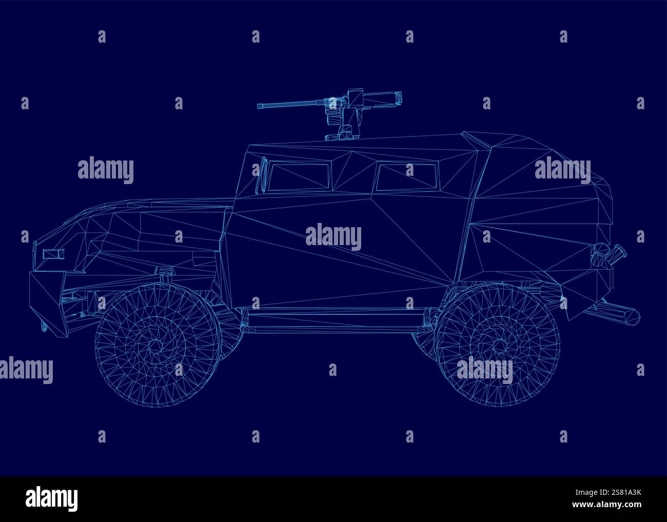 Disegno blu di un veicolo militare con una pistola. Il veicolo è una jeep e la pistola è una mitragliatrice Illustrazione Vettoriale