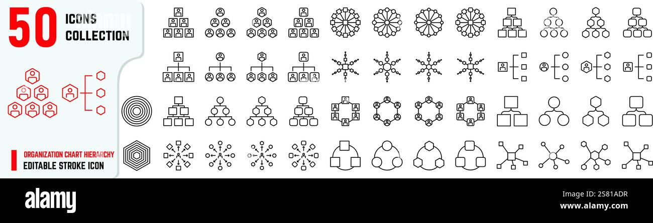 Icone traccia modificabili gerarchia organigramma, struttura aziendale, Gestione del team aziendale e diagramma del flusso di lavoro aziendale Illustrazione Vettoriale