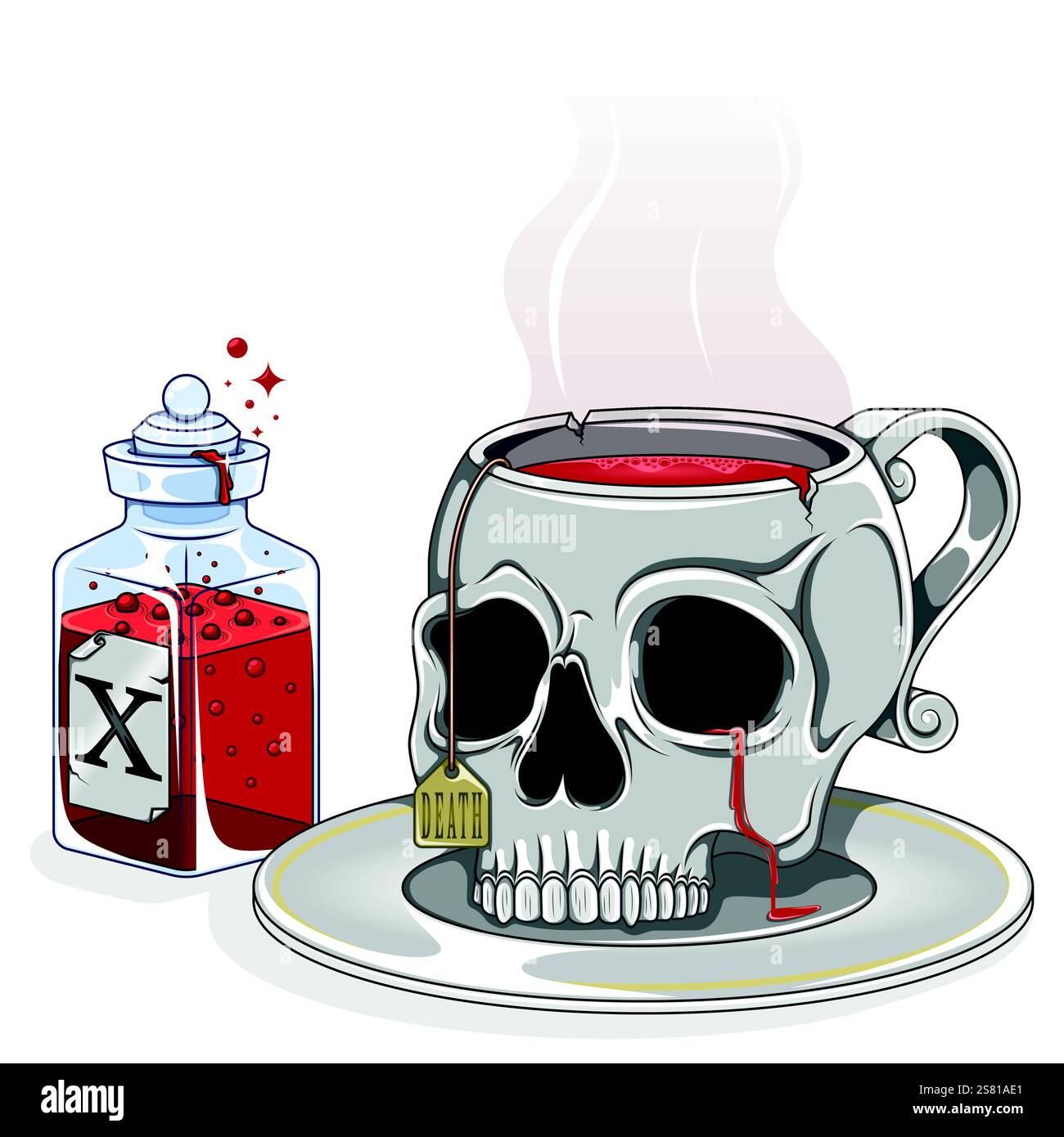 Tazza da tè in porcellana a forma di teschio umano, tazza da caffè a forma di teschio tazza magica di pozione, tazza demoniaca di Halloween Illustrazione Vettoriale