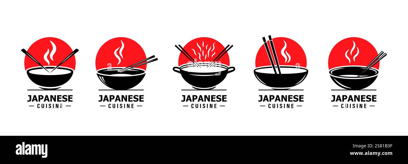 Set con logo cucina giapponese vettoriale a colori piatti. Ramen Bowl, Noodle Bowl Icon, Sushi Restaurant Emblem. Japanese Food Logo, Asian Cuisine Design, Japanese Illustrazione Vettoriale Set con logo cucina giapponese vettoriale a colori piatti. Ramen Bowl, Noodle Bowl Icon, Sushi Restaurant Emblem. Japanese Food Logo, Asian Cuisine Design, Japanese Illustrazione Vettoriale