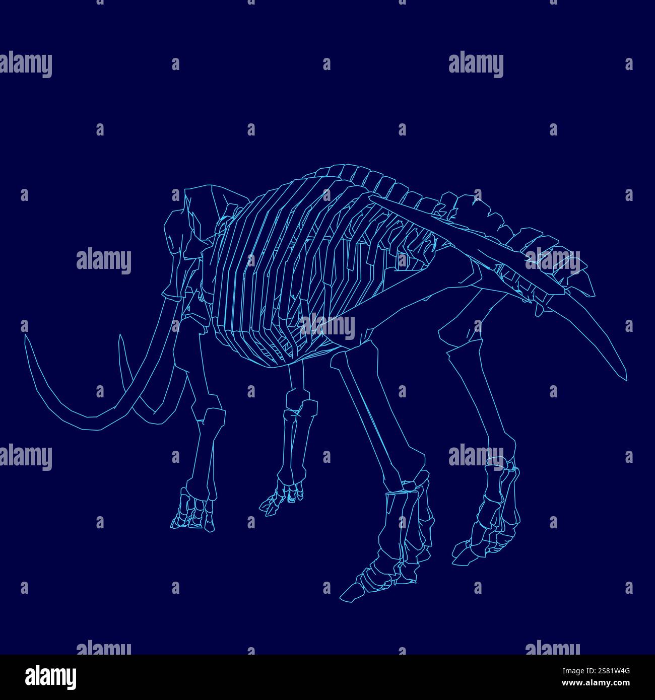 Disegno blu di uno scheletro con una grande zuppa. Lo scheletro è disegnato in modo stilizzato, con la zanna che si estende fuori dal corpo. Concetto di mistero e. Illustrazione Vettoriale
