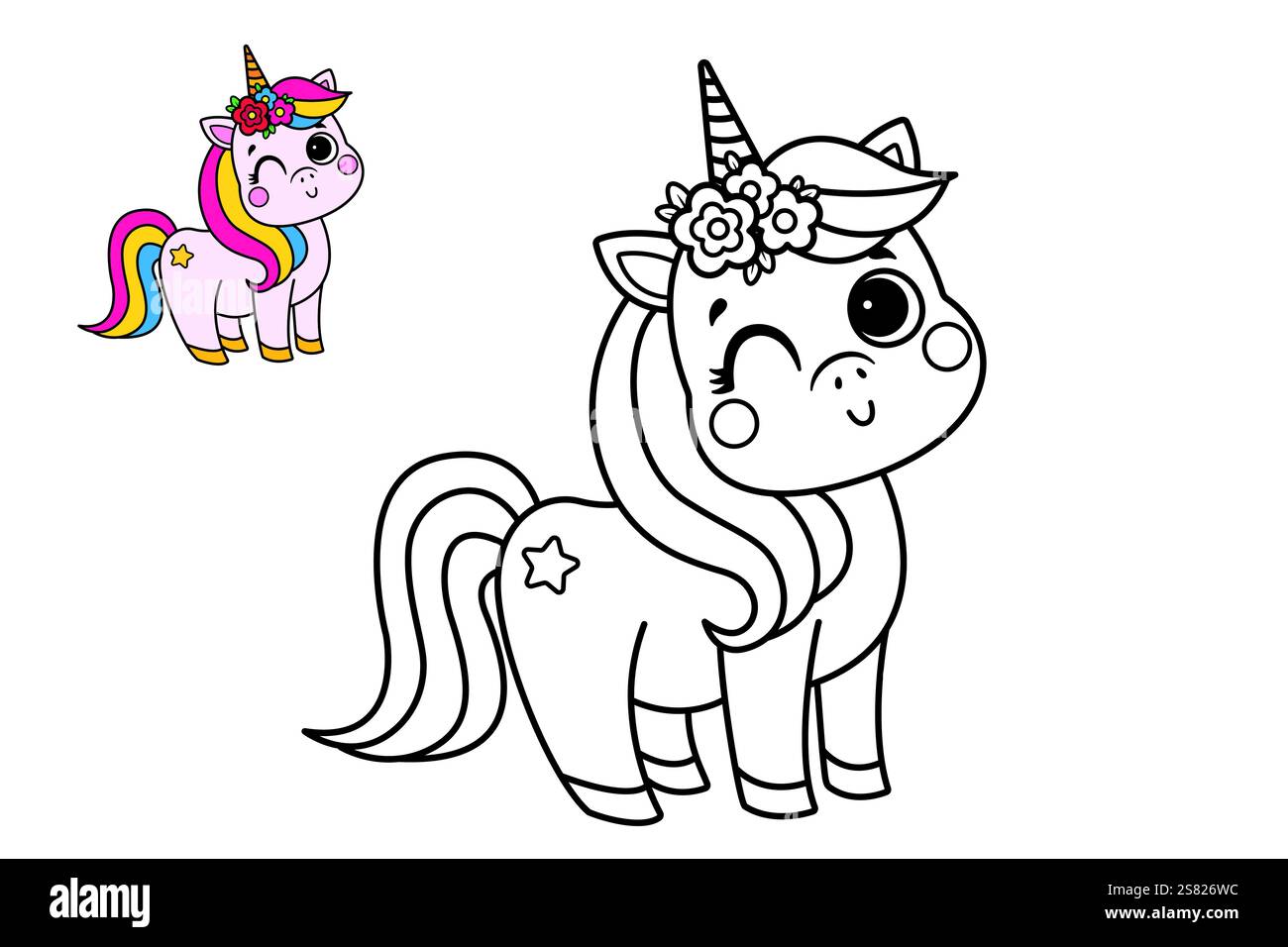 Un simpatico unicorno. Pagina da colorare per bambini. Illustrazione vettoriale Illustrazione Vettoriale