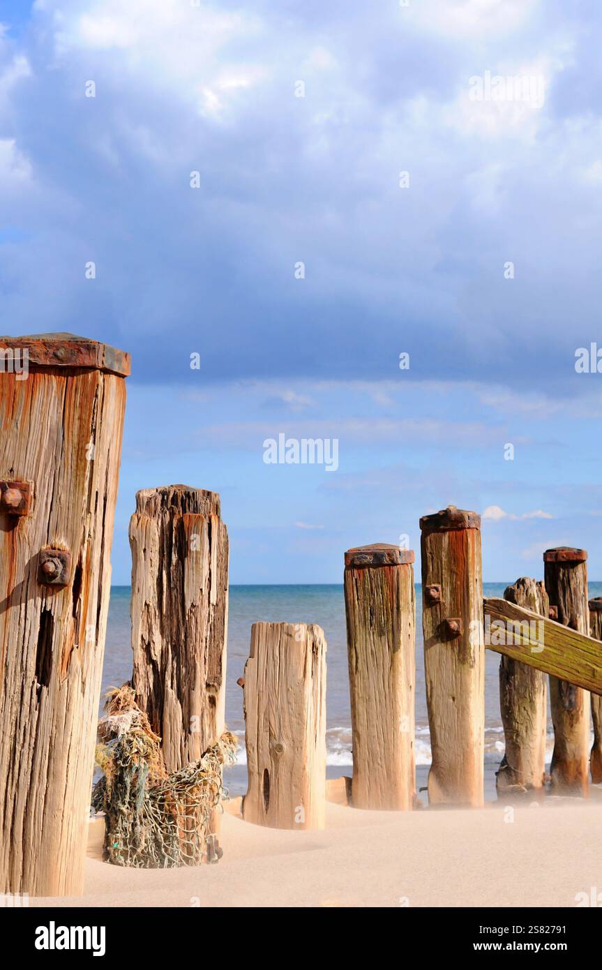 Gli intemperie di legno sulla spiaggia di Surn Point. Costa storica. Sabbia e onde. Luce del giorno. Immagine luminosa. Oggetti sfocati. Easington, East Yorkshire, Regno Unito Foto Stock