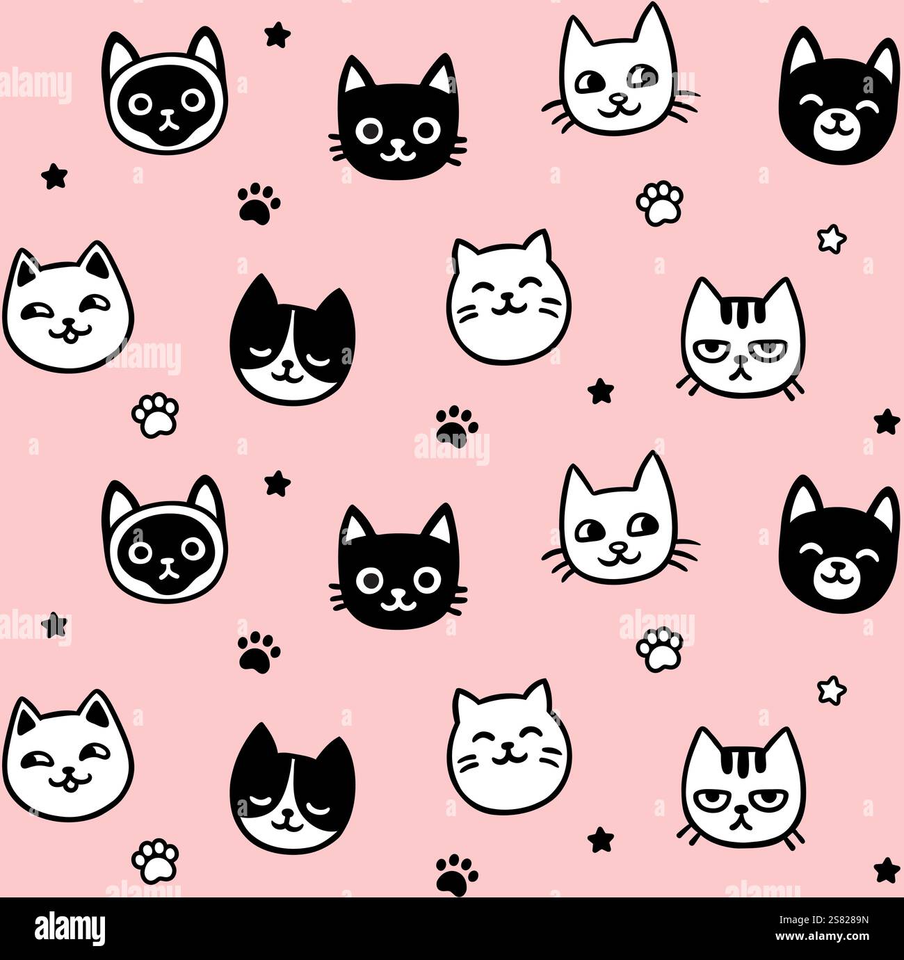 Simpatico gatto cartoni animati con motivi senza cuciture. Gattini bianchi e neri disegnati a mano, zampe, stelle su sfondo rosa. Semplice illustrazione vettoriale. Illustrazione Vettoriale