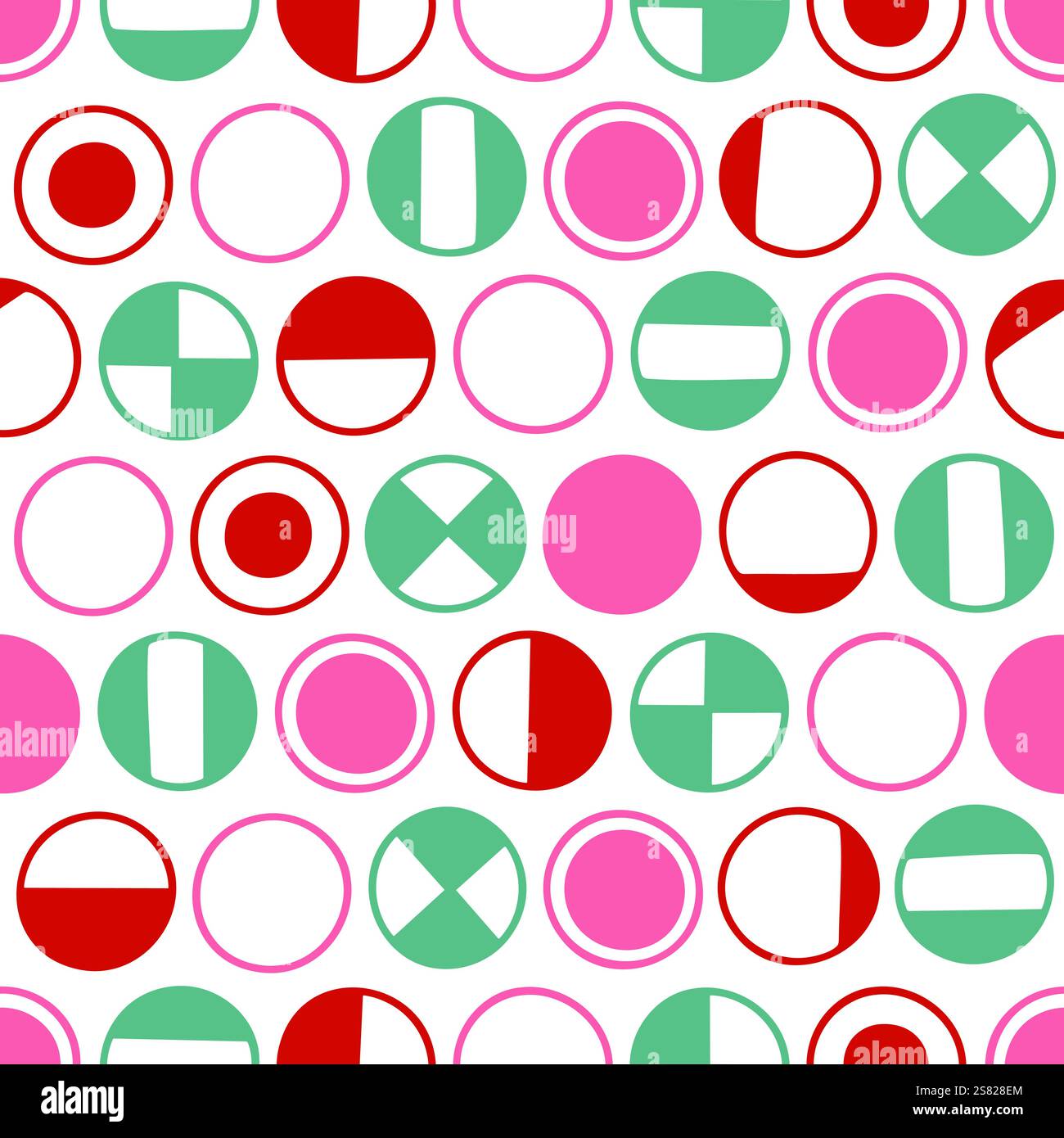 Pattern geometrico ispirato al retrò con elementi circolari suddivisi in varie forme e sezioni Illustrazione Vettoriale