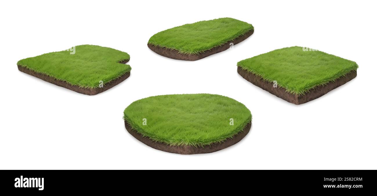 Erba 3D. Terra verde. Grafico del campo. Struttura del pavimento del giardino. Isola di prato di pietra. Terreno realistico. Forme di tappeti erbosi. Terreno prato naturale. Tri Illustrazione Vettoriale
