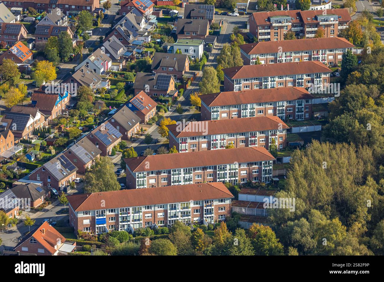 Vista aerea, condomini terrazzati con tetti rossi, Wethmar Mark, Wethmar, Lünen, zona della Ruhr, Renania settentrionale-Vestfalia, Germania Foto Stock