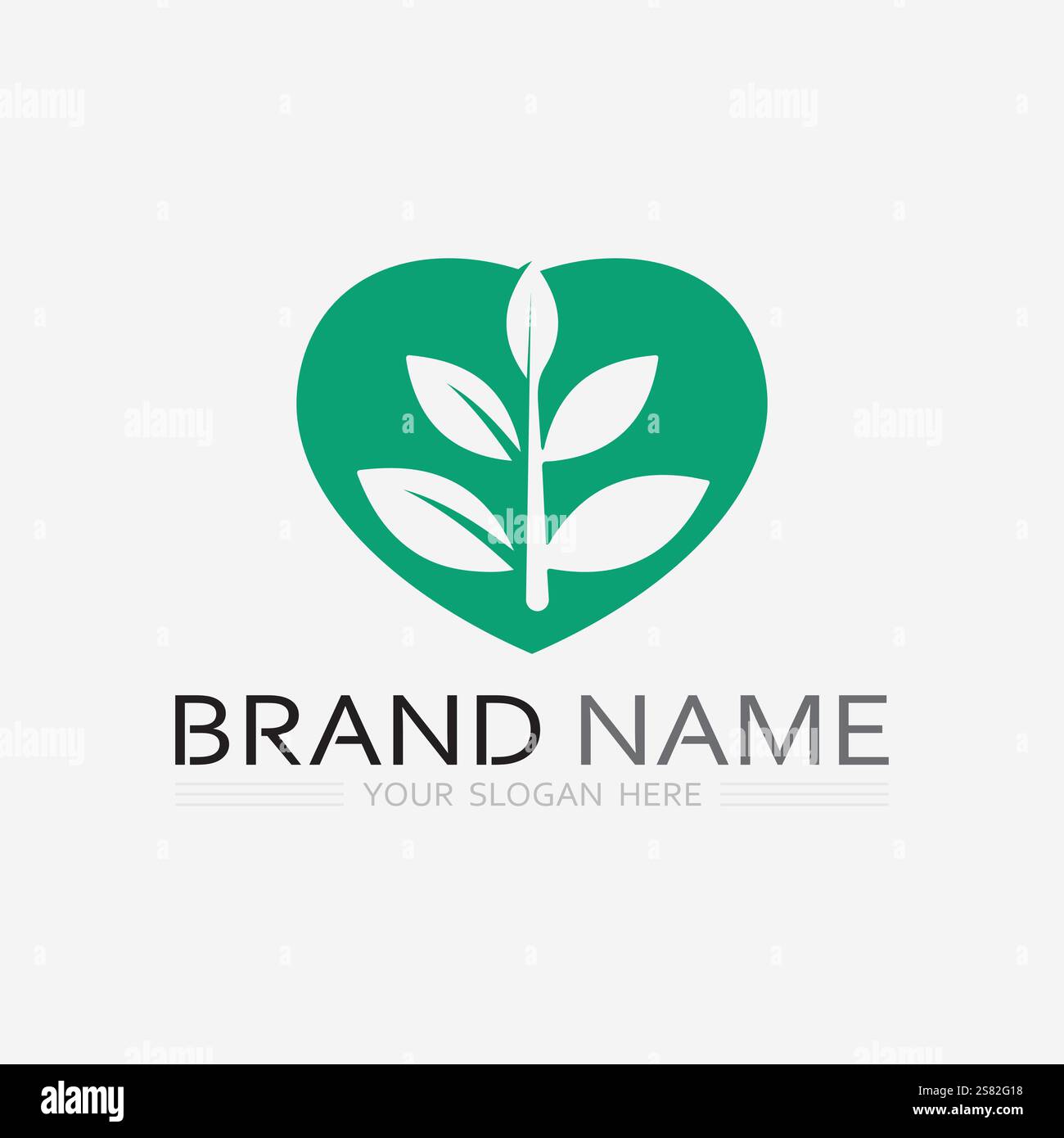 Logo di giardinaggio con icona pala e albero con logo foglie verdi modello. Illustrazione Vettoriale