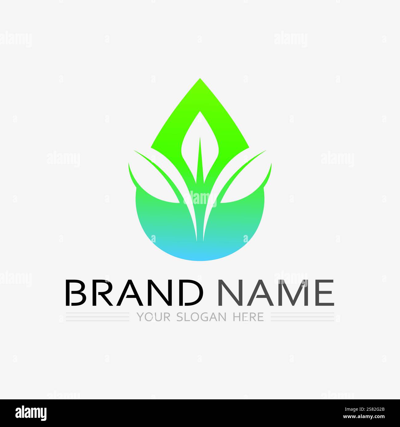 Logo di giardinaggio con icona pala e albero con logo foglie verdi modello. Illustrazione Vettoriale