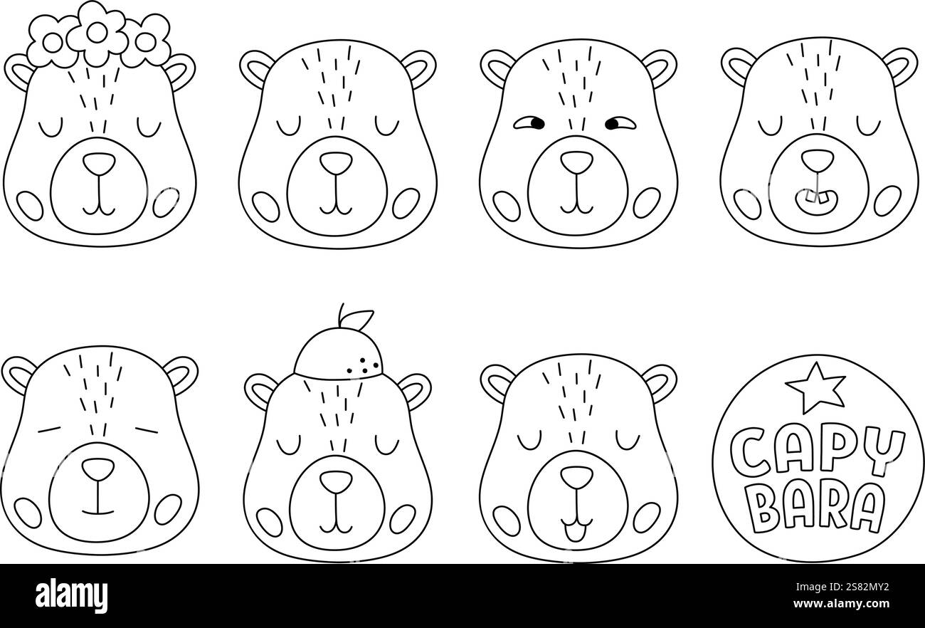 Set capybara vettoriale in bianco e nero. Linea carina capibara testa collezione che mostra emozioni e sensazioni diverse. Divertenti cavie rilassate, contente Illustrazione Vettoriale