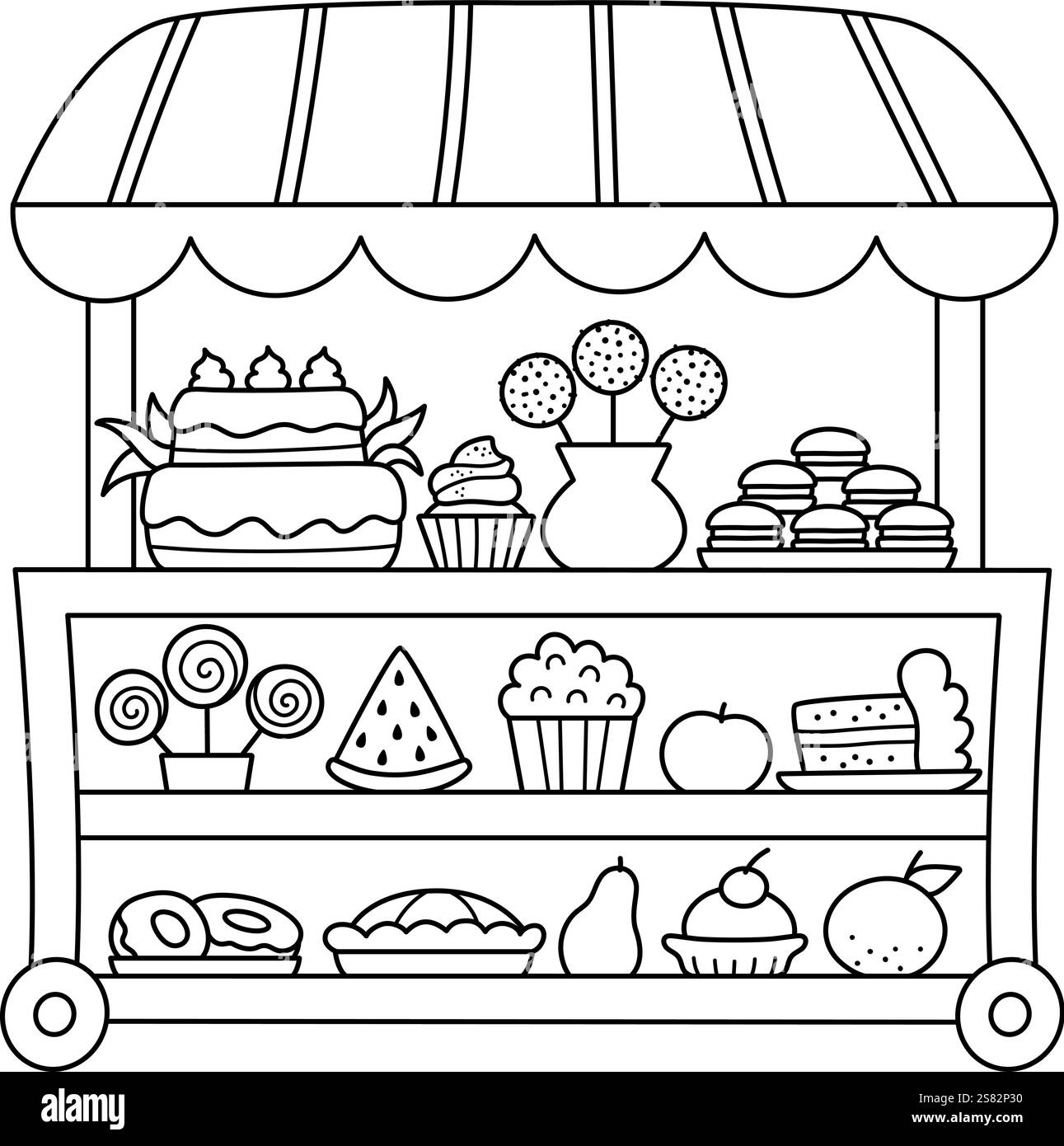 Carrello per snack rotolanti Vector bianco e nero con ruote. Icona della linea Candy Shop. Illustrazione del carrello dei cartoni animati, pagina da colorare. Pasticceria o panetteria trolle Illustrazione Vettoriale