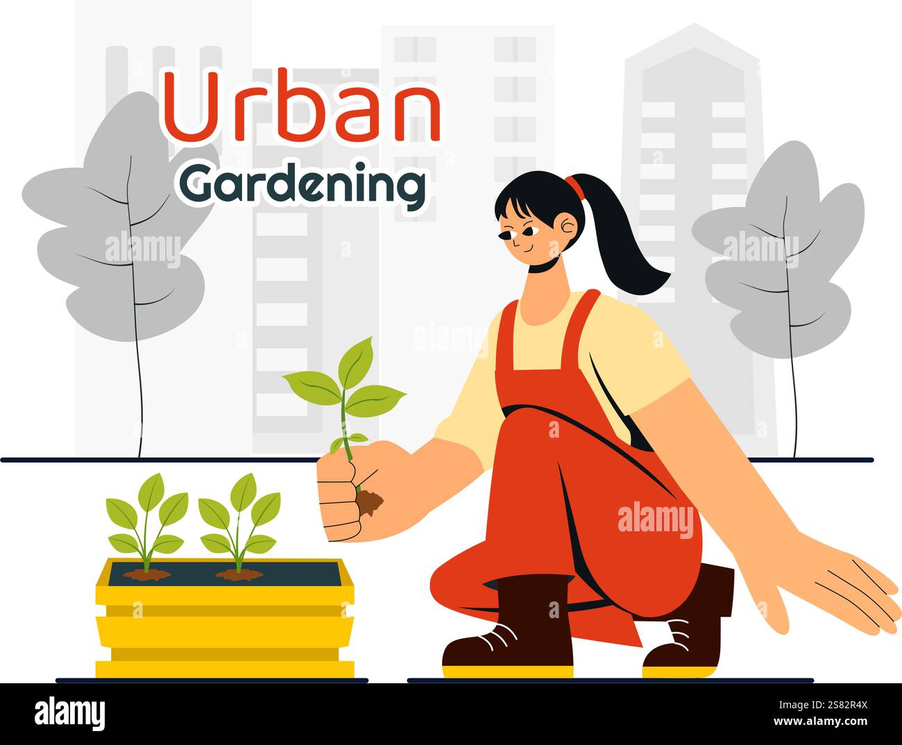 Illustrazione del giardinaggio urbano con persone che piantano germogli in legno rialzato Garden Bed con fioristi e vegetazione su un moderno sfondo urbano Illustrazione Vettoriale
