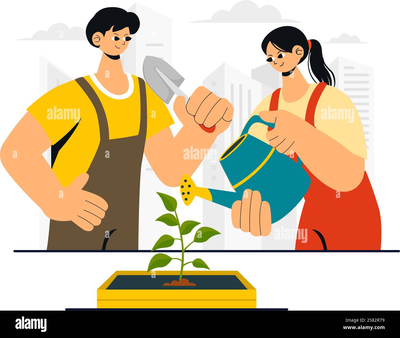 Illustrazione del giardinaggio urbano con persone che piantano germogli in legno rialzato Garden Bed con fioristi e vegetazione su un moderno sfondo urbano Illustrazione Vettoriale