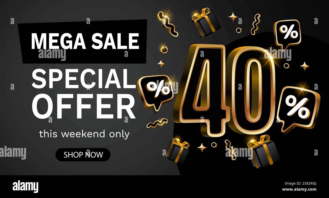 Banner offerta speciale Mega sale, 40. Promozione Golden Sign Board. Vettore Illustrazione Vettoriale