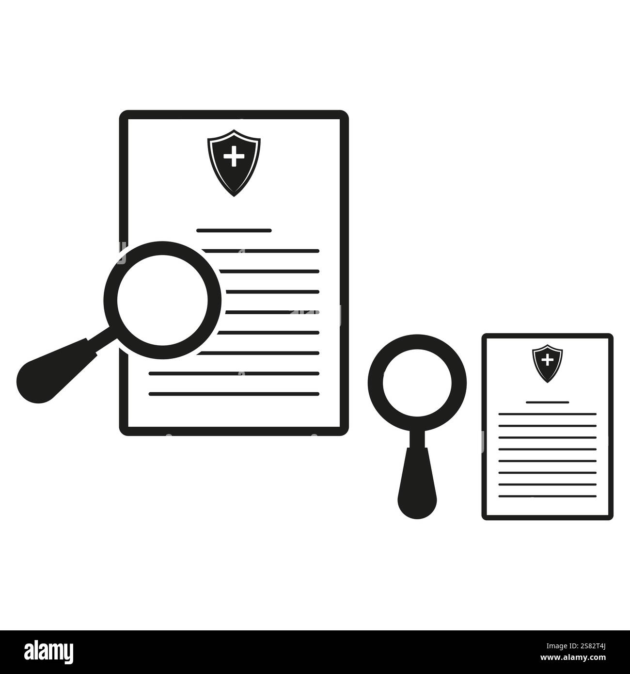 Documento con lente di ingrandimento. Icona della polizza assicurativa. Grafica in bianco e nero. Elemento giuridico vettoriale. Illustrazione Vettoriale