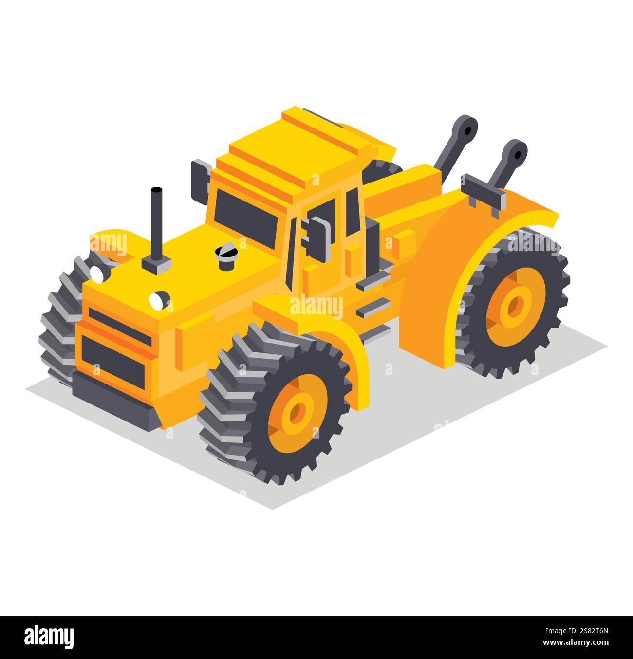 Trattore giallo isometrico isolato su sfondo bianco. Illustrazione vettoriale. Oggetto singolo. Trattore agricolo grande e moderno. Illustrazione Vettoriale