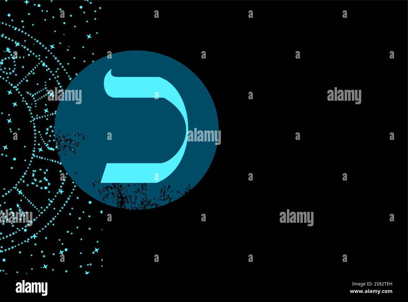 T-shirt con lettera ebraica Kaph accanto a un cerchio blu su sfondo nero. Illustrazione Vettoriale