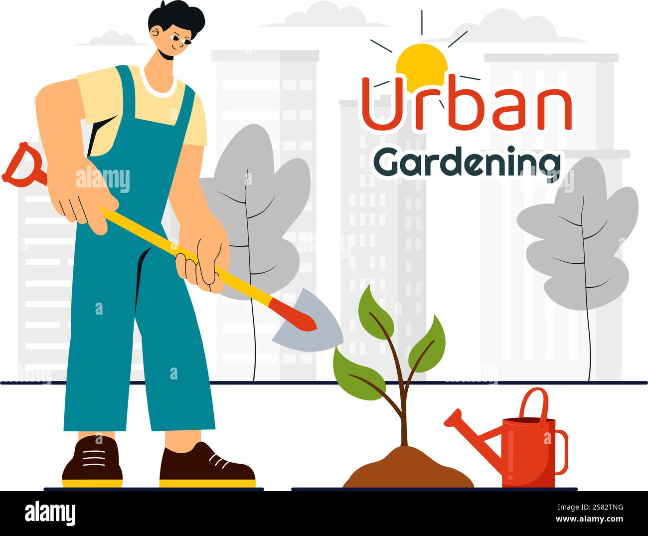 Illustrazione del giardinaggio urbano con persone che piantano germogli in legno rialzato Garden Bed con fioristi e vegetazione su un moderno sfondo urbano Illustrazione Vettoriale
