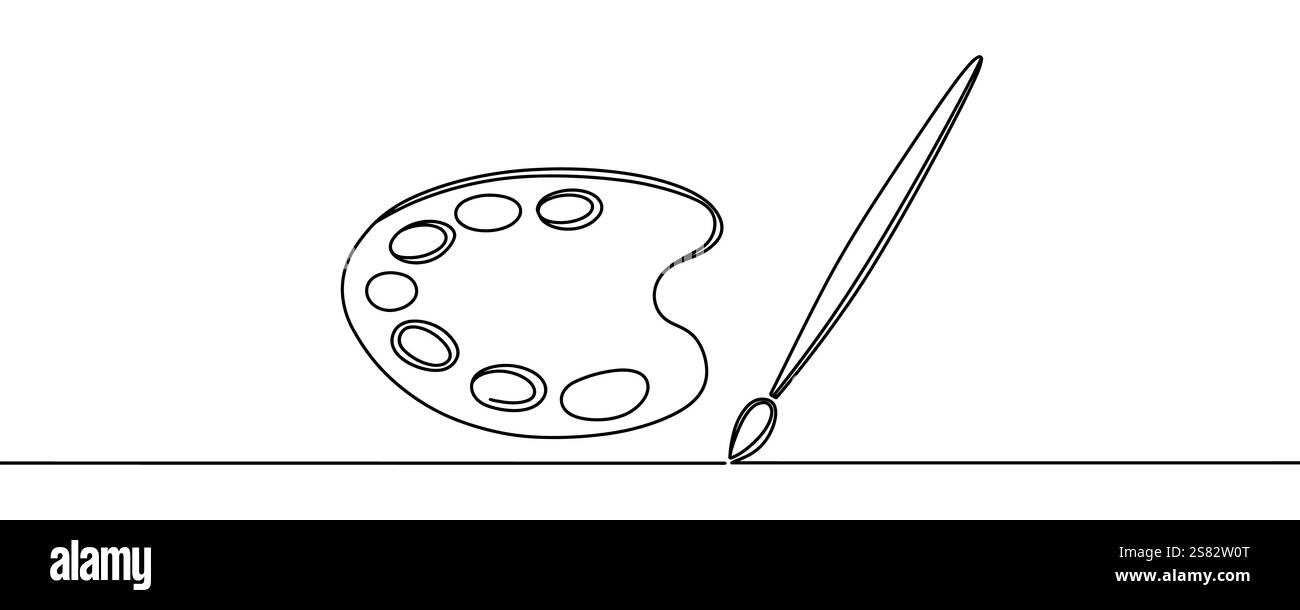 Tavolozza di disegno a una linea continua con pennello e pittura con vernici. Evento World ART Day. Professione di pittore. Illustrazione Vettoriale