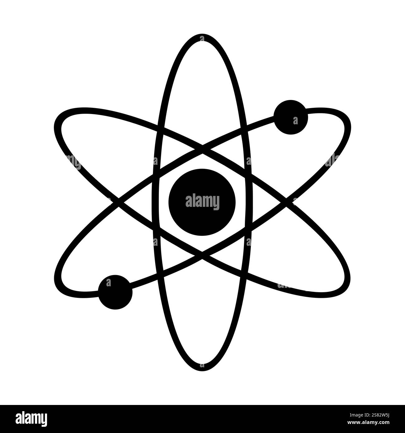 Icona simbolo Atom. Struttura a elettroni neri. Profilo vettoriale scientifico. Forma fisica minimalista. Illustrazione Vettoriale