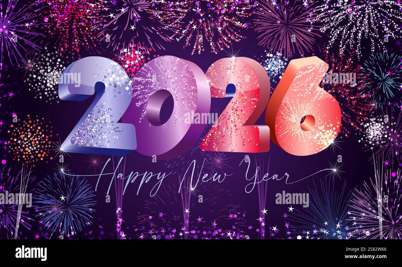 Capodanno 2026, biglietto d'auguri con scintillanti fuochi d'artificio. Cartolina per buone feste, sfondo delle vacanze con scintillanti. Social network Illustrazione Vettoriale
