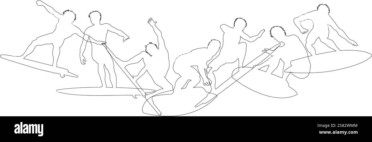 Surfers Surf on Surf Boards Concept silhouette Illustrazione Vettoriale