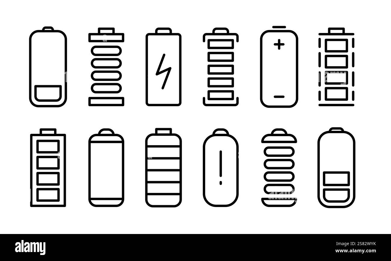 Batteria. Raccolta di diversi simboli del caricabatteria Illustrazione Vettoriale