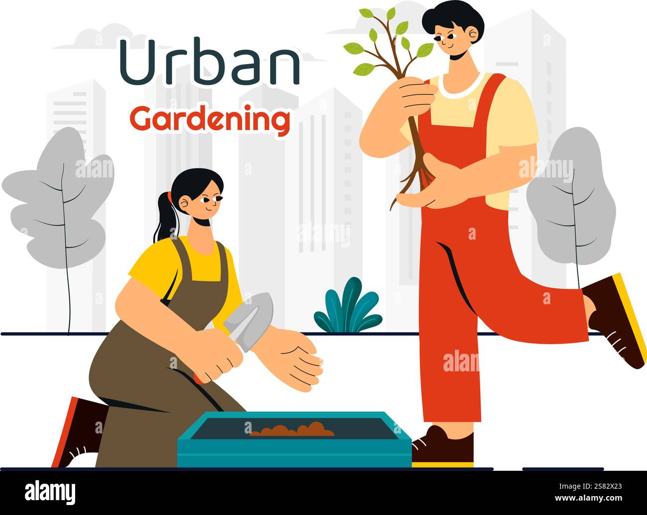 Illustrazione del giardinaggio urbano con persone che piantano germogli in legno rialzato Garden Bed con fioristi e vegetazione su un moderno sfondo urbano Illustrazione Vettoriale