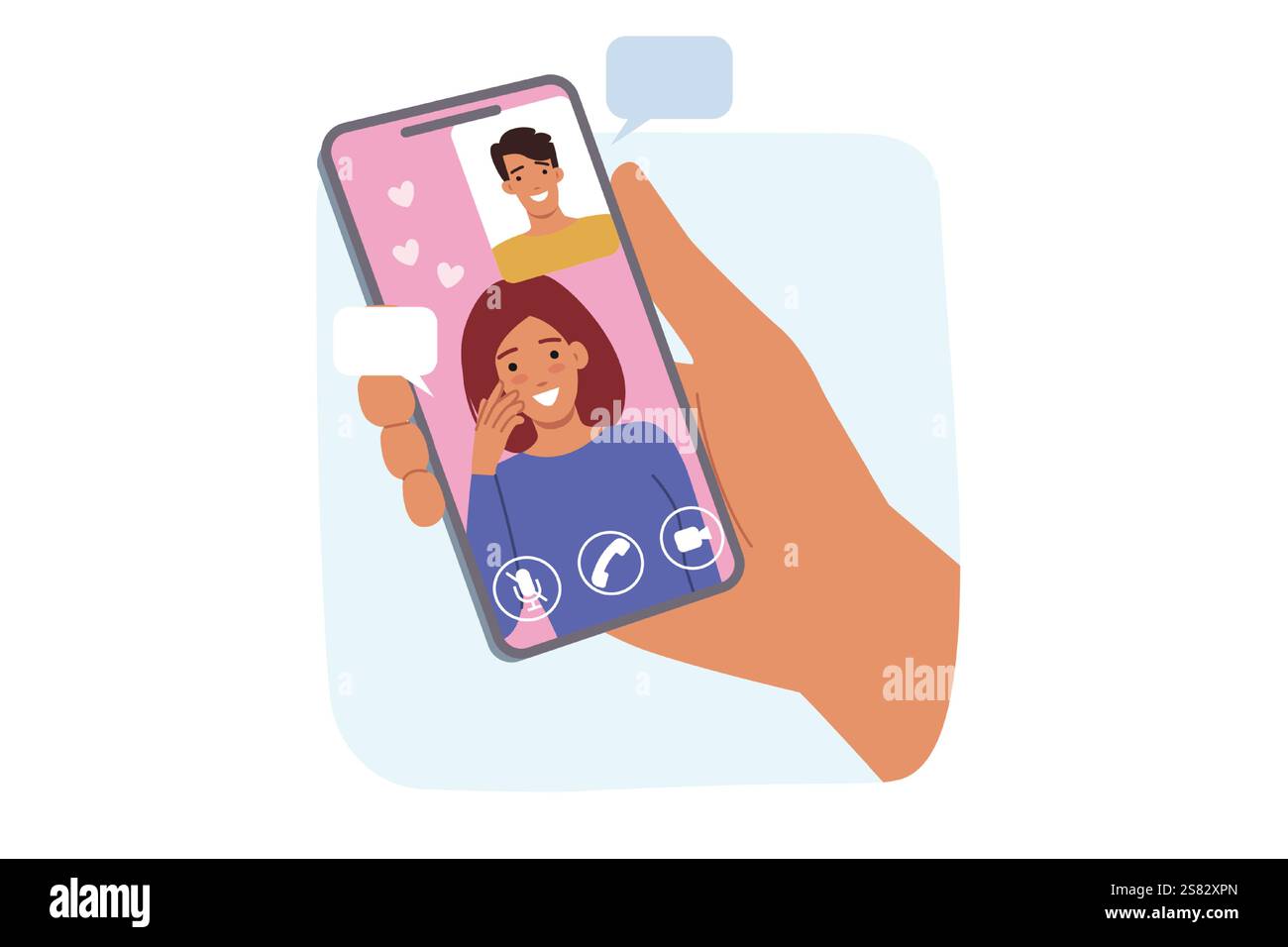 Incontri digitali in un'applicazione per cellulare, tra donna e uomo che usa la videochat Illustrazione Vettoriale