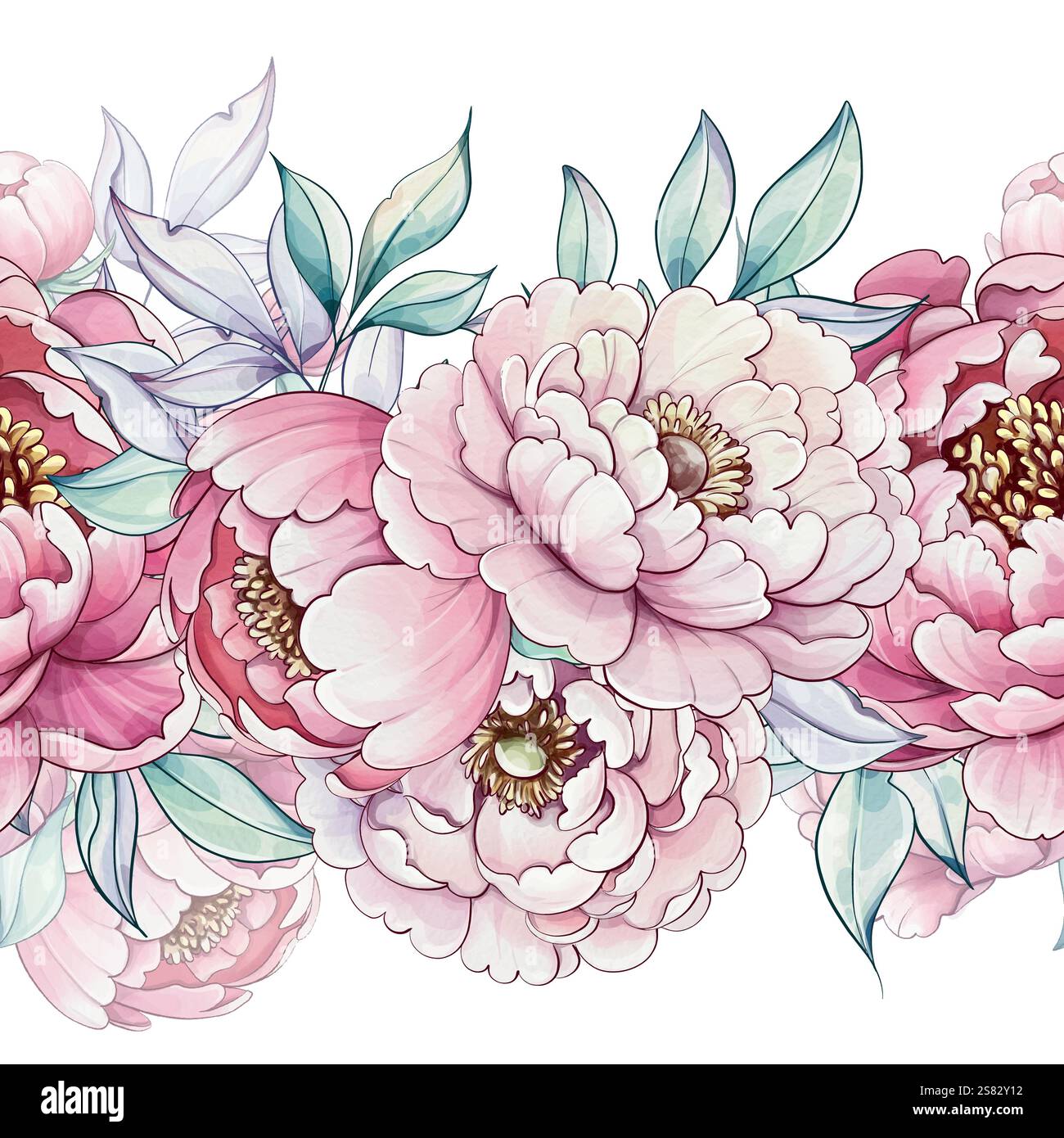 I tratti delicati catturano l'eleganza delle peonie rosa circondate da foglie verdi lussureggianti, celebrando l'essenza dei fiori primaverili senza cuciture Illustrazione Vettoriale
