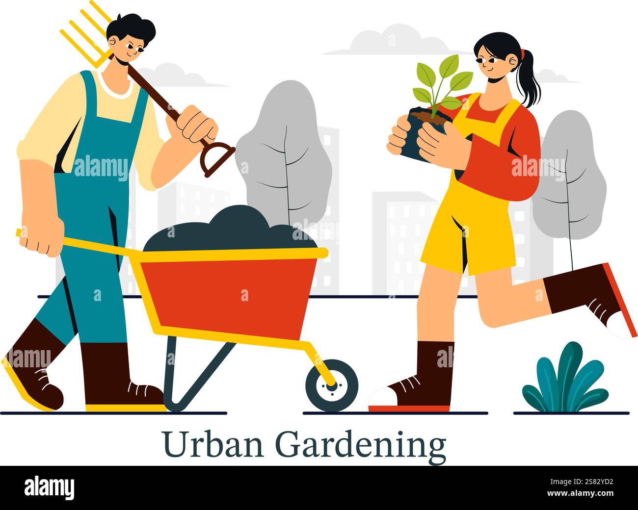 Illustrazione del giardinaggio urbano con persone che piantano germogli in legno rialzato Garden Bed con fioristi e vegetazione su un moderno sfondo urbano Illustrazione Vettoriale