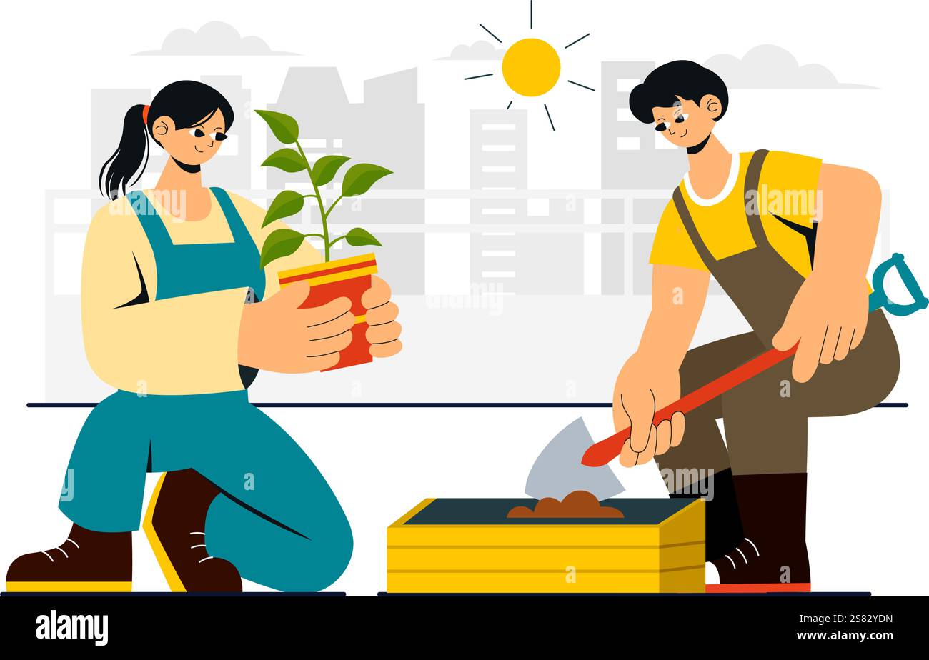 Illustrazione del giardinaggio urbano con persone che piantano germogli in legno rialzato Garden Bed con fioristi e vegetazione su un moderno sfondo urbano Illustrazione Vettoriale
