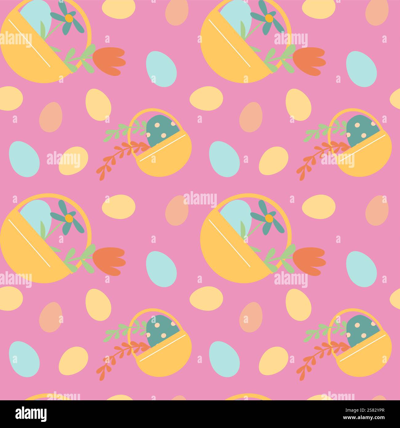 Cestino di pasqua e motivi a uovo per le feste su sfondo vivace per un design primaverile. Illustrazione Vettoriale