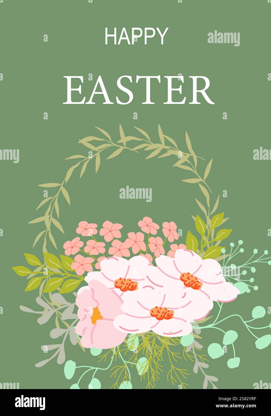 Poster di buona pasqua con corona floreale e fiori rosa per le celebrazioni primaverili. Illustrazione Vettoriale