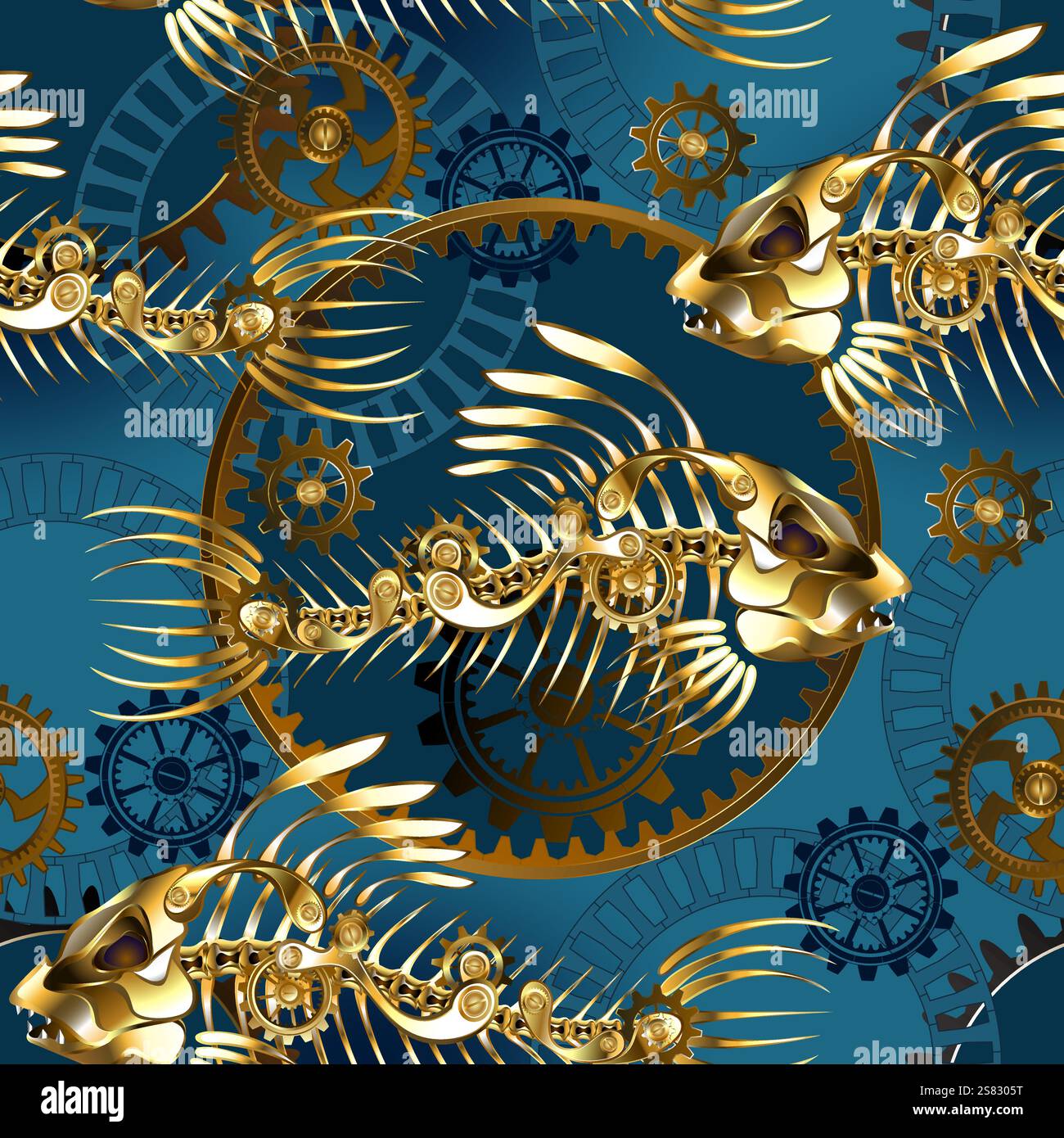 Motivo senza cuciture di scheletri di pesce dorati con ingranaggi su sfondo blu steampunk. Stile steampunk. Illustrazione Vettoriale