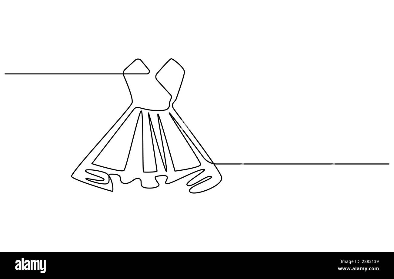 Simbolo di abbigliamento alla moda per il negozio di abiti da sposa, abito da sposa in un'illustrazione vettoriale a linea continua Illustrazione Vettoriale