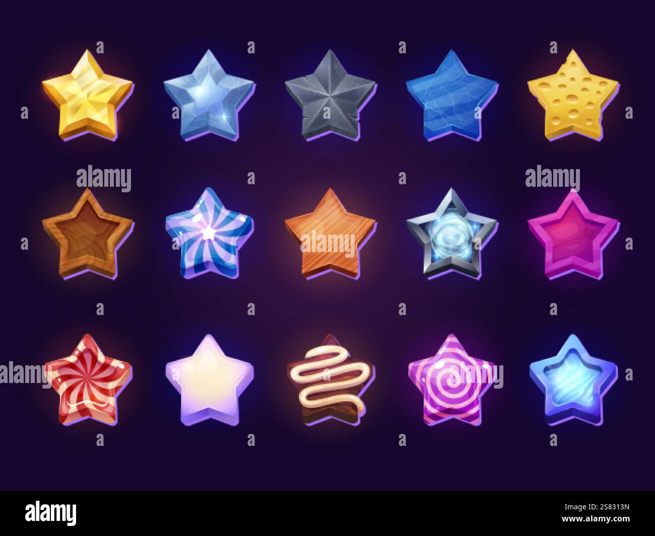 Stelle dell'interfaccia utente del gioco. Stella del tasso dei cartoni animati per la medaglia al raggiungimento di livello superiore o il badge bonus dell'esperienza di vittoria, trofeo della classifica utente icone dorate di caramelle di ghiaccio in legno elemento dell'interfaccia utente, set di illustrazioni vettoriali originali Illustrazione Vettoriale