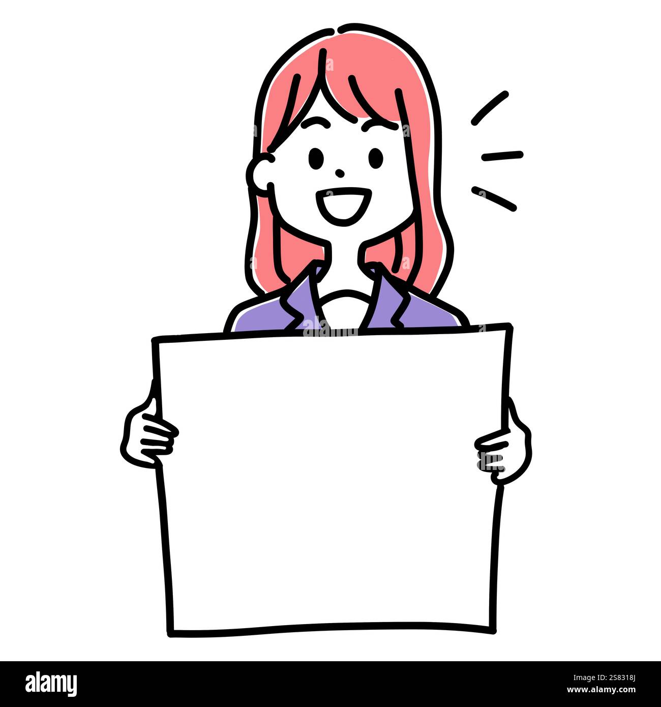 Illustrazione minimalista a due punte di donna d'ufficio sorridente e con una bacheca vuota. Semplice arte della linea kawaii. Illustrazione Vettoriale