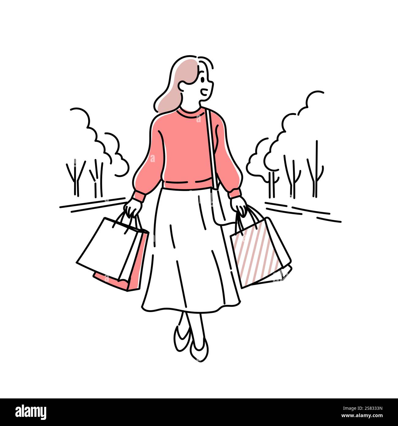 Elegante illustrazione minimalista duotone di una donna alla moda felice con borse per la spesa Illustrazione Vettoriale