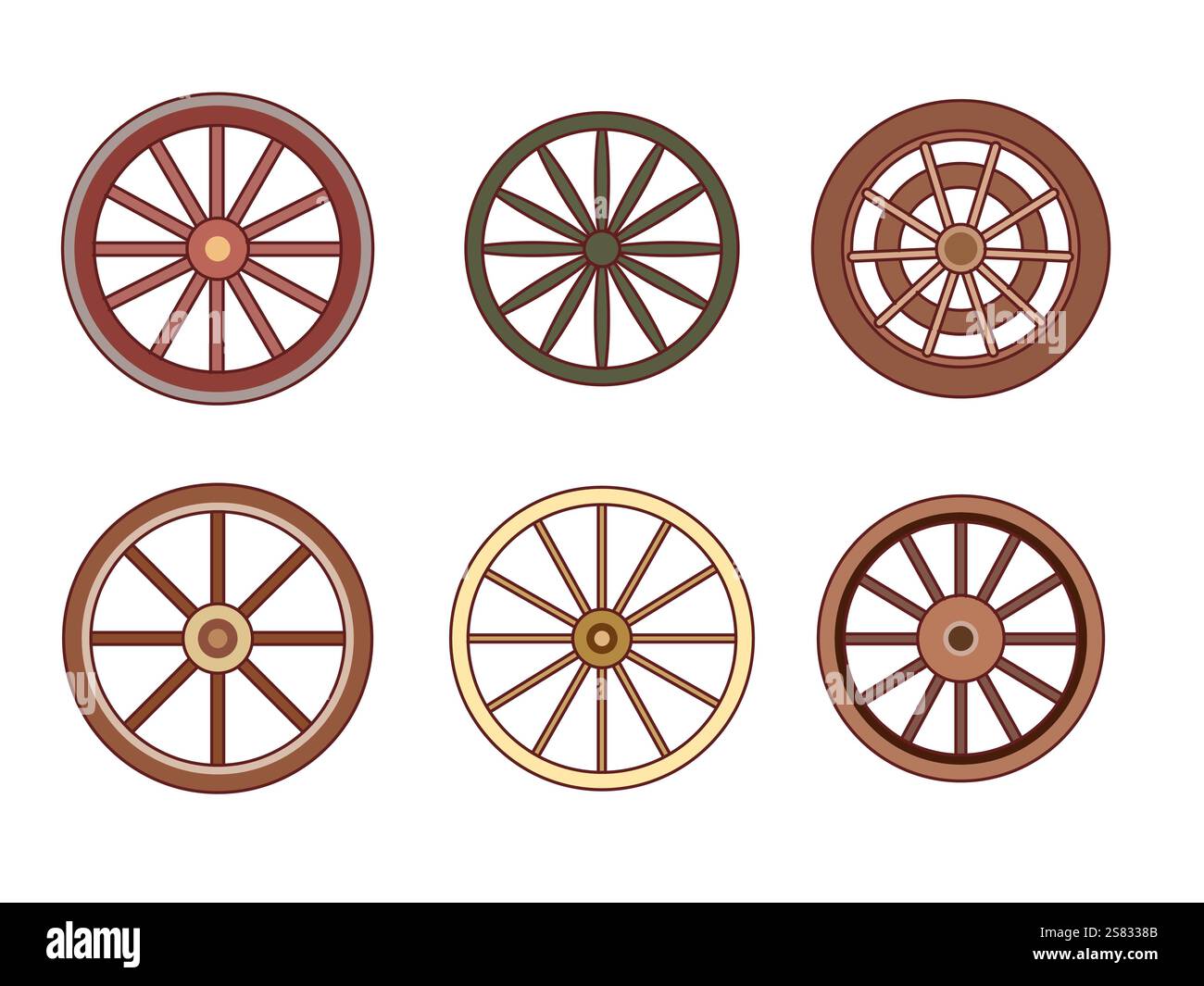 Ruote con carrello in legno. Cartoni animati trasporto vintage parti rotonde, veicoli storici elementi, vagoni selvaggi retro-occidentali oggetti, pneumatici per carretti, vecchi Illustrazione Vettoriale