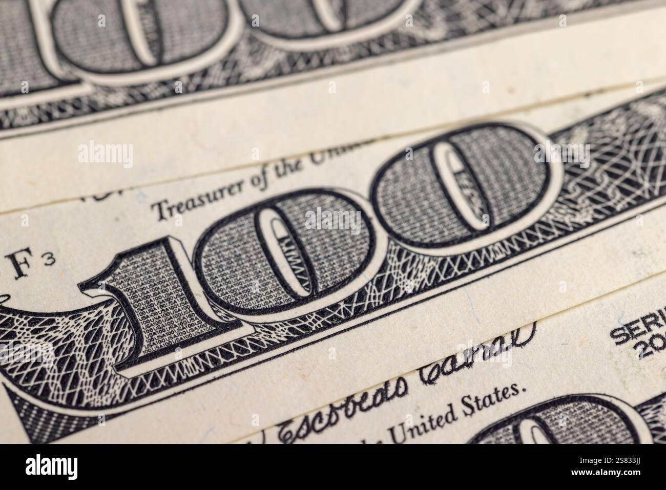 Dettagli del gruppo di banconote da cento dollari in primo piano, dollari americani di carta Foto Stock