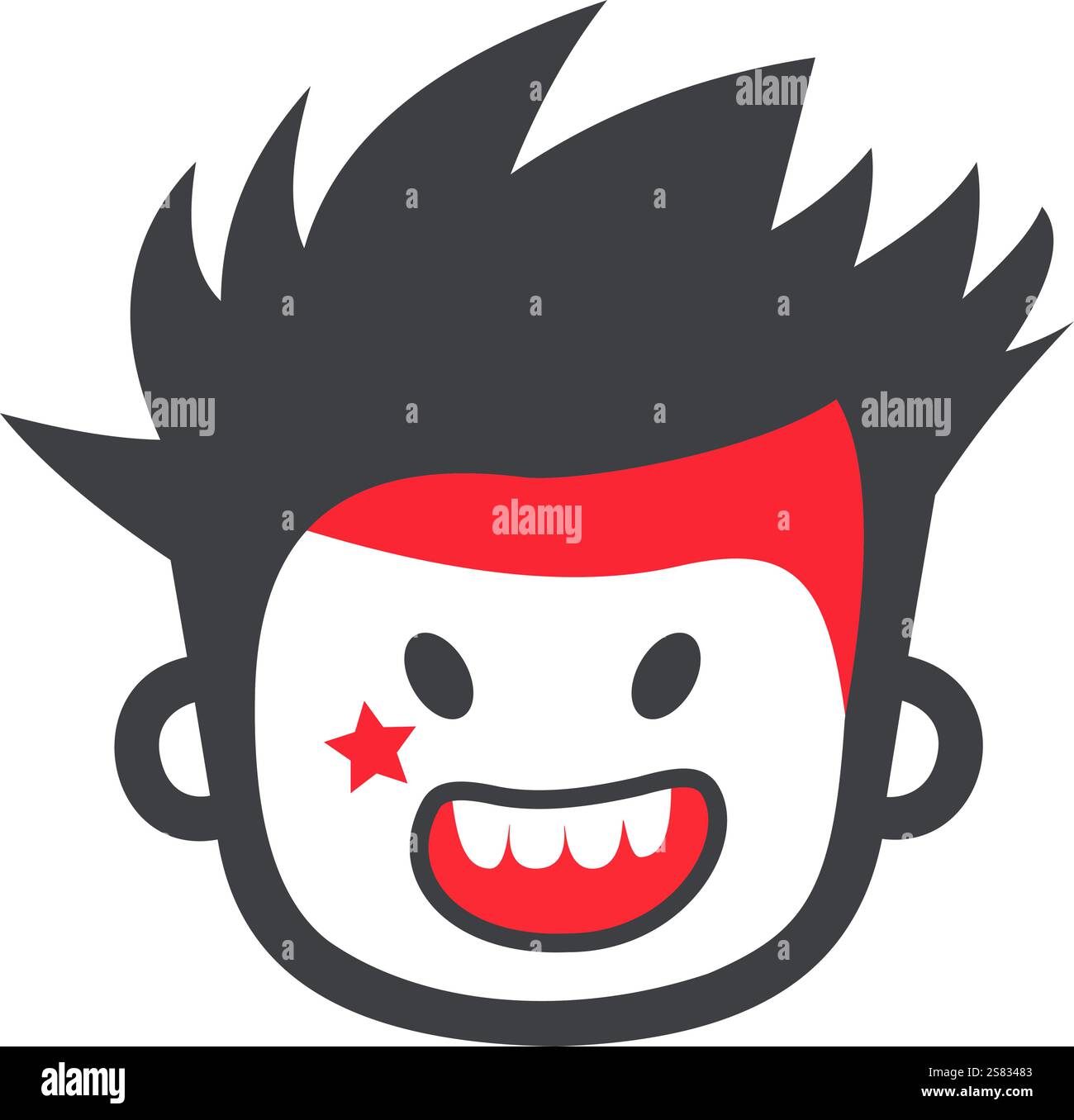 Personaggio punk rock vettoriale con capelli neri spirosi, vernice per il viso rosso, grin giocoso, simbolo della ribellione e dell'energia Illustrazione Vettoriale